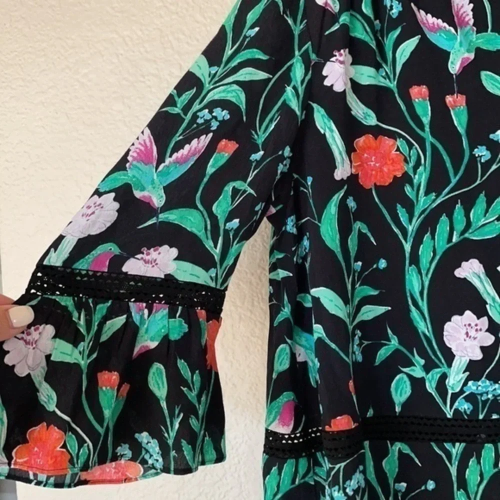 kate spade Black Floral Print Romper with Green and Red Accents
